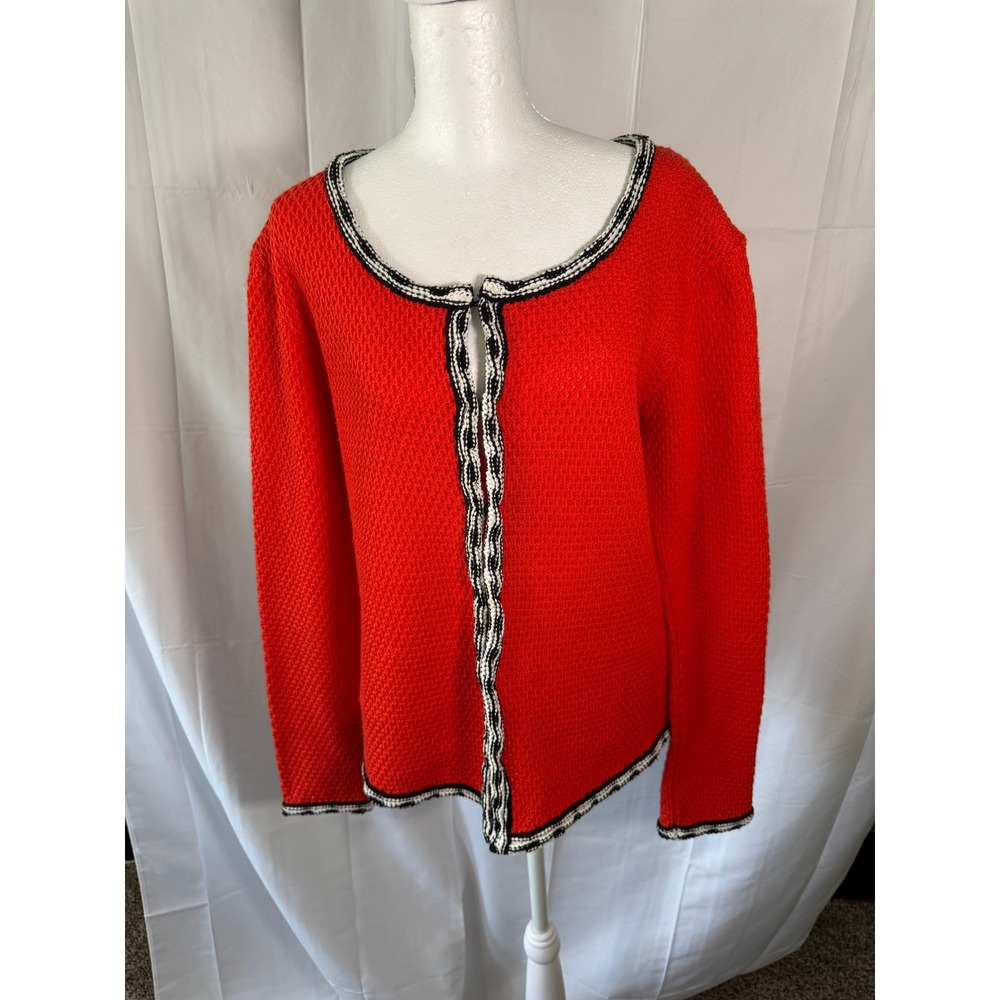 Le Lis Blanc Orange‎ Knit Cardigan Sweater Black White Trim Cropped Size G